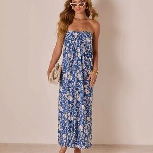 Blue Floral Strapless Maxi Dress